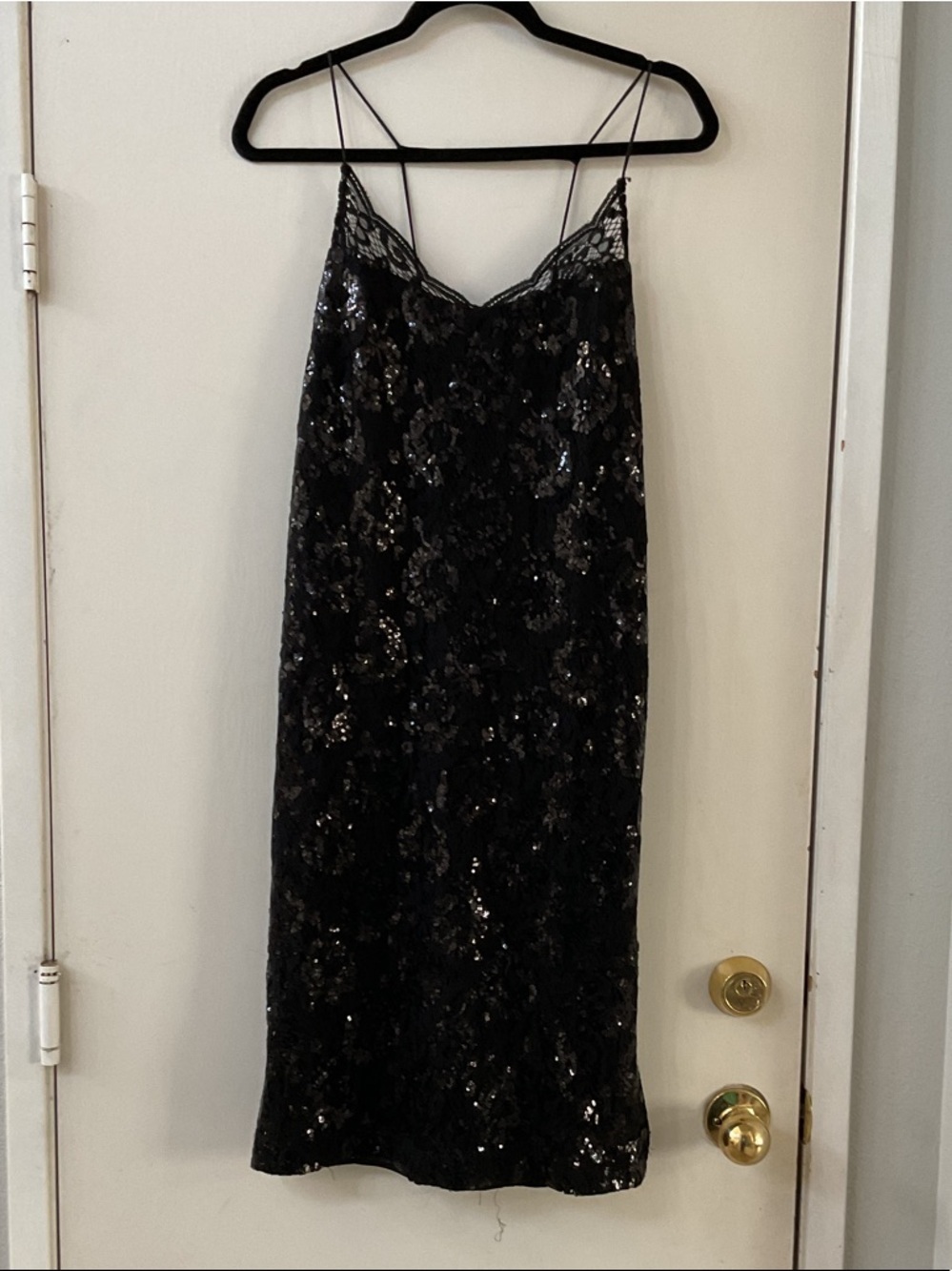 H&M Black Sequin Midi Slip Dress with Lace Trim